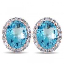 Oval Blue Topaz & Halo Diamond Stud Earrings 14k Rose Gold 5.40ct
