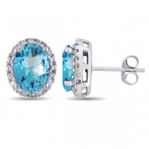 Oval Blue Topaz & Halo Diamond Stud Earrings 14k White Gold 5.40ct