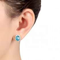 Oval Blue Topaz & Halo Diamond Stud Earrings 14k Yellow Gold 5.40ct