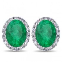 Oval Emerald & Halo Diamond Stud Earrings 14k White Gold 4.20ct