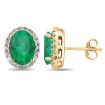 Oval Emerald & Halo Diamond Stud Earrings 14k Yellow Gold 4.20ct