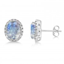 Oval Moonstone & Halo Diamond Stud Earrings 14k White Gold (2.40ct)