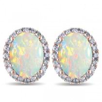 Oval Opal & Halo Diamond Stud Earrings 14k Rose Gold 2.60ct