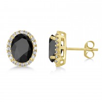 Oval Onyx & Halo Diamond Stud Earrings 14k Yellow Gold 4.20ct