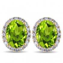 Oval Peridot & Halo Diamond Stud Earrings 14k Yellow Gold 4.40ct