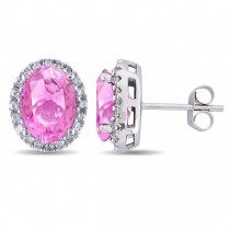 Oval Pink Sapphire & Halo Diamond Stud Earrings 14k White Gold 4.80ct