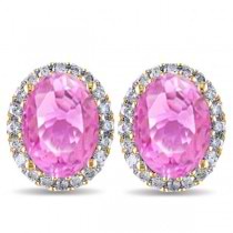 Oval Pink Sapphire & Halo Diamond Stud Earrings 14k Yellow Gold 4.80ct