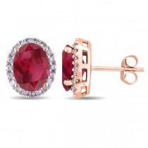 Oval Ruby & Halo Diamond Stud Earrings 14k Rose Gold 4.80ct