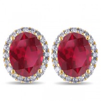 Oval Ruby & Halo Diamond Stud Earrings 14k Yellow Gold 4.80ct