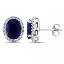 Oval Blue Sapphire & Halo Diamond Stud Earrings 14k W. Gold (5.70ct)