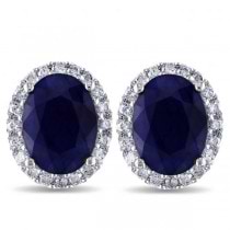 Oval Blue Sapphire & Halo Diamond Stud Earrings 14k W. Gold (5.70ct)