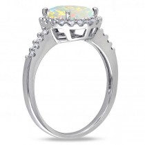Oval Opal & Halo Diamond Engagement Ring 14k White Gold 2.07ct