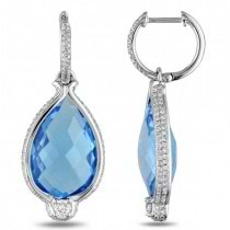 Pear Shaped Blue Topaz Diamond Drop Earrings in 14k White Gold 17.90ct