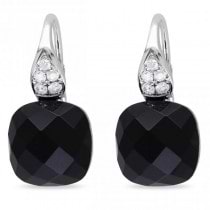 Cushion Cut Black Onyx & Diamond Drop Earrings 14k White Gold (8.20ct)