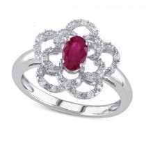 Oval Ruby & Diamond Flower Fashion Ring in 14k White Gold (0.70ct)