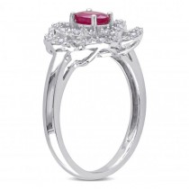 Oval Ruby & Diamond Flower Fashion Ring in 14k White Gold (0.70ct)