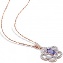 Oval Tanzanite & Diamond Flower Pendant Necklace 14k Rose Gold 0.60ct