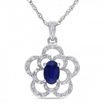 Blue Sapphire & Diamond Flower Pendant Necklace 14k White Gold 0.70ct