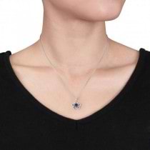 Blue Sapphire & Diamond Flower Pendant Necklace 14k White Gold 0.70ct