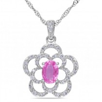 Pink Sapphire & Diamond Flower Pendant Necklace 14k White Gold 0.60ct