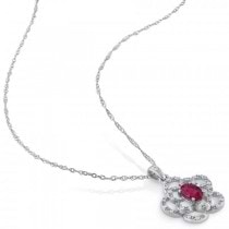 Oval Ruby & Diamond Flower Pendant Necklace in 14k White Gold (0.70ct)
