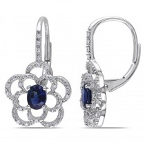 Oval Blue Sapphire & Diamond Flower Drop Earrings 14k W. Gold (1.00ct)