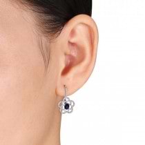 Oval Blue Sapphire & Diamond Flower Drop Earrings 14k W. Gold (1.00ct)