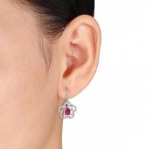 Oval Shaped Ruby & Diamond Flower Drop Earrings 14k White Gold 1.10ct