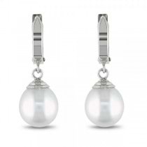Round White South Sea Pearl Huggie Drop Earrings 14k White Gold 9-10mm