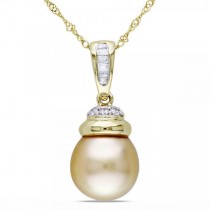 Golden South Sea Pearl & Diamond Pendant Necklace 14k Y. Gold 9.5-10mm