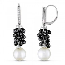 Pearl Drop Earrings w/ White & Black Diamonds 14k White Gold 9-10mm