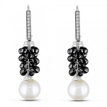 Pearl Drop Earrings w/ White & Black Diamonds 14k White Gold 9-10mm