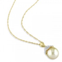 Golden South Sea Pearl & Diamond Pendant Necklace 14k Y Gold 10-10.5mm