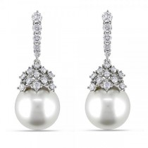 White South Sea Pearl Drop Earrings with Diamonds 14k W. Gold 10-11mm