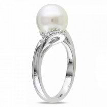 White South Sea Pearl Bypass Ring w/ Diamonds 14k White Gold 9-9.5mm