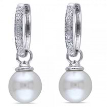 White South Sea Pearl Earrings Pave Set Diamonds 14k W. Gold 10-10.5mm