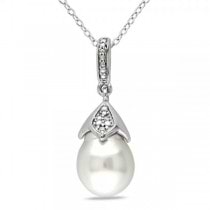 South Sea Cultured Pearl & 12 Diamond Necklace Sterling Silver 9-9.5mm