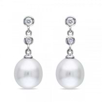 South Sea Pearl Drop Earrings Bezel Set Diamonds 14k W. Gold 9-9.5mm
