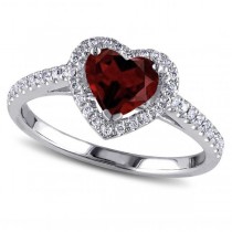 Heart Shaped Garnet & Diamond Halo Engagement Ring 14k White Gold 1.50ct