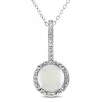 Round White Opal & Diamond Pendant Necklace Sterling Silver (1.03ct)