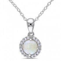 White Opal & Halo Diamond Pendant Necklace Sterling Silver (0.63ct)