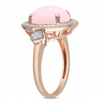 Round Pink Opal Ring w/ Diamond Side Stones Sterling Silver (2.04ct)
