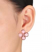 Bezel Set Pink Opal Flower Stud Earrings in Sterling Silver (11.40ct)