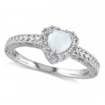 White Opal & Halo Diamond Heart Shaped Ring Sterling Silver (0.43ct)