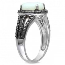 White Opal Black Diamond Halo Fashion Ring in Sterling Silver (1.76ct)
