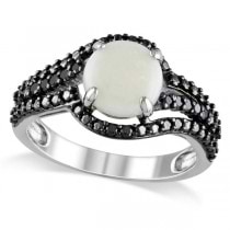 White Opal w/ Black Diamond Side Stones Ring Sterling Silver (1.35ct)