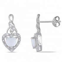 White Opal & Diamond Heart Shaped Drop Earrings Sterling Silver 0.71ct