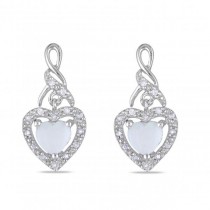 White Opal & Diamond Heart Shaped Drop Earrings Sterling Silver 0.71ct