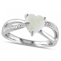 Heart Shaped White Opal Solitaire & Diamond Ring in Silver (0.99ct)