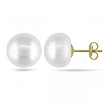 Cultured Freshwater White Pearl Stud Earrings 14k Yellow Gold 10-11mm